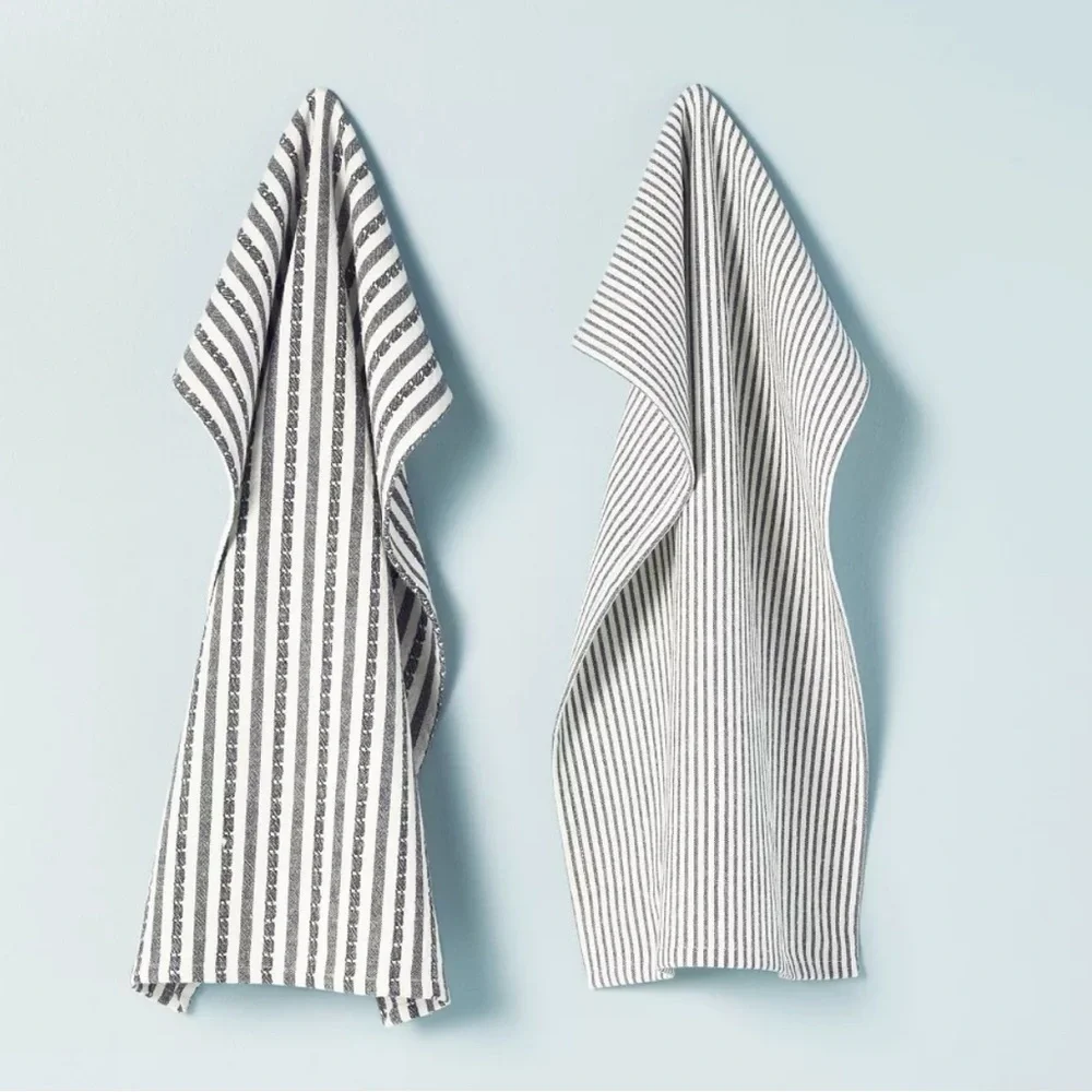NWT Hearth & Hand Black and White Striped Ticking Kitchen Towels Set